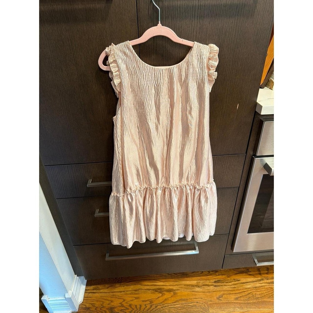Peek sleeveless shift dress with a textured, crinkled metallic 10